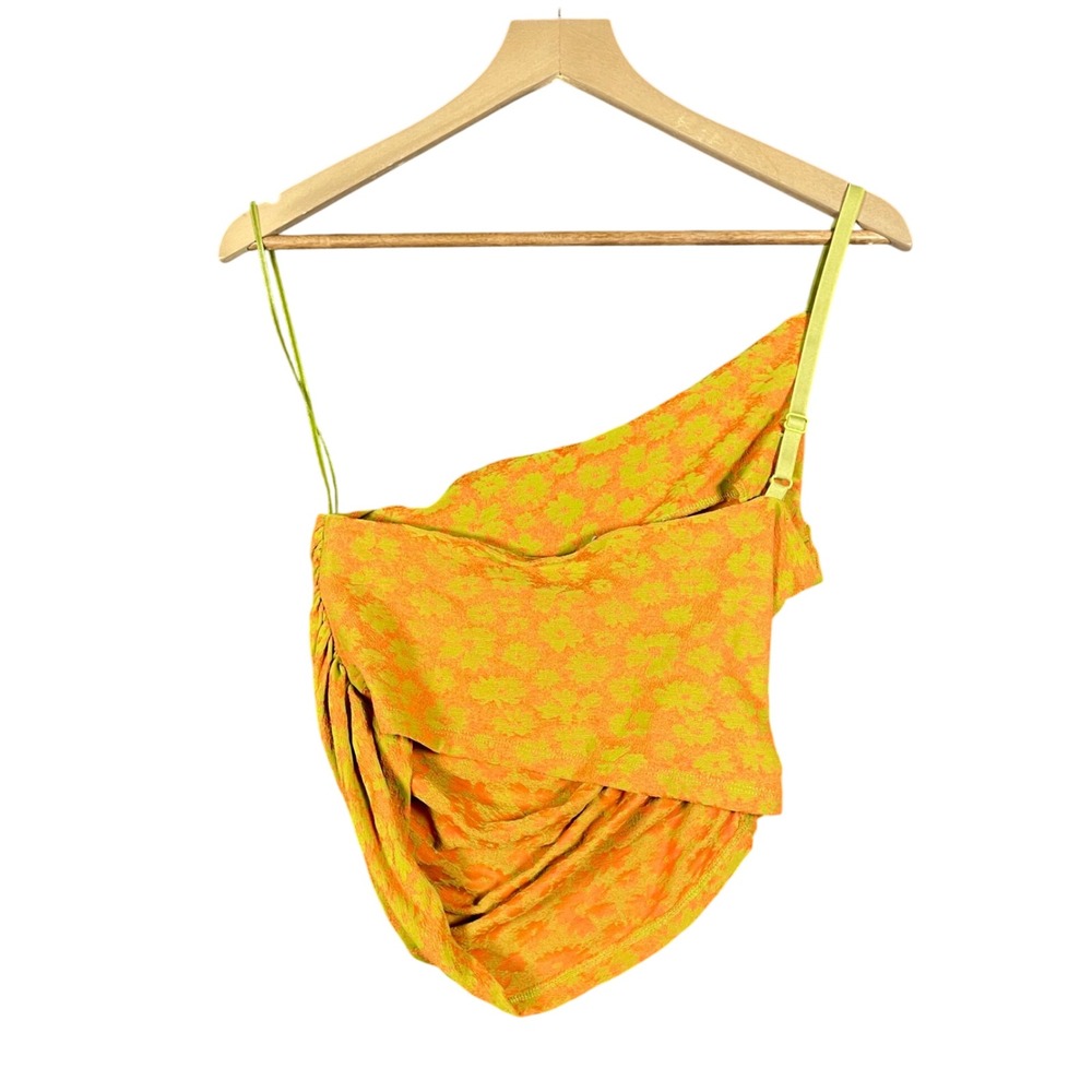 ZARA One Shoulder Ruched Crop Top Orange Green Abstract Print Size Medium - Picture 2 of 9
